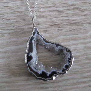 STERLING SILVER Black Agate Druzy Slice Pendant